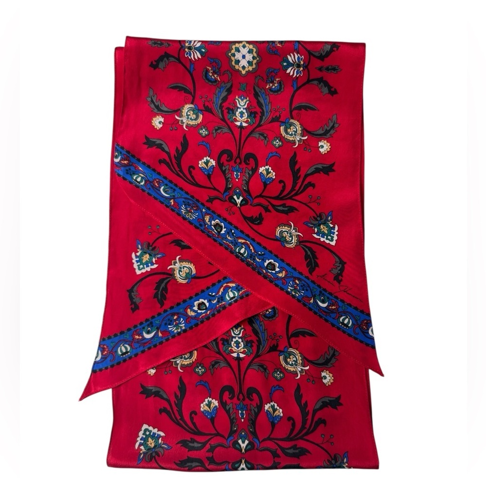Vintage 1986 Ginnie Johansen 100% Silk Scarf 9x58" Red Maroon Abstract Floral